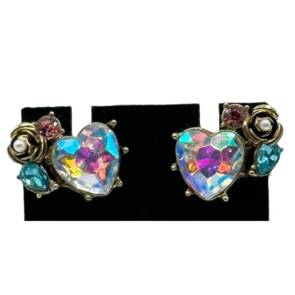 Heart Shaped Rhinestone Gold Tone Floral Stud Earrings With Iridescent Crystal - Picture 2 of 10